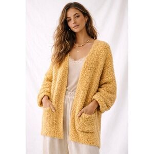 Urban Outfitters Chunky Bubble Knit Cardigan Yellow Open Front Pockets Slouchy S